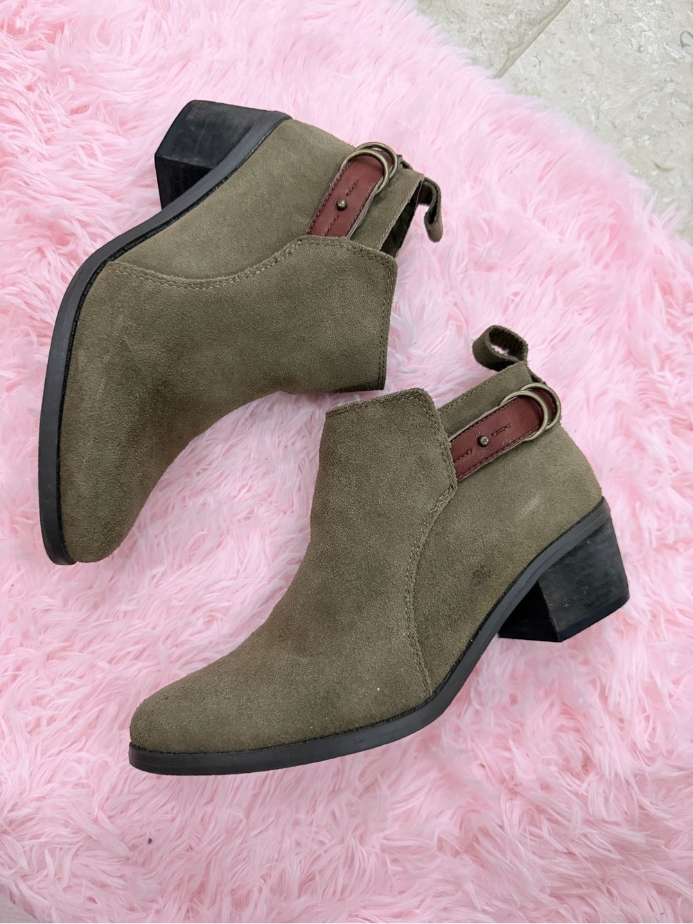 AE Olive Suede Ankle Boots with Brown Strap size 7 - Picture 2 of 10